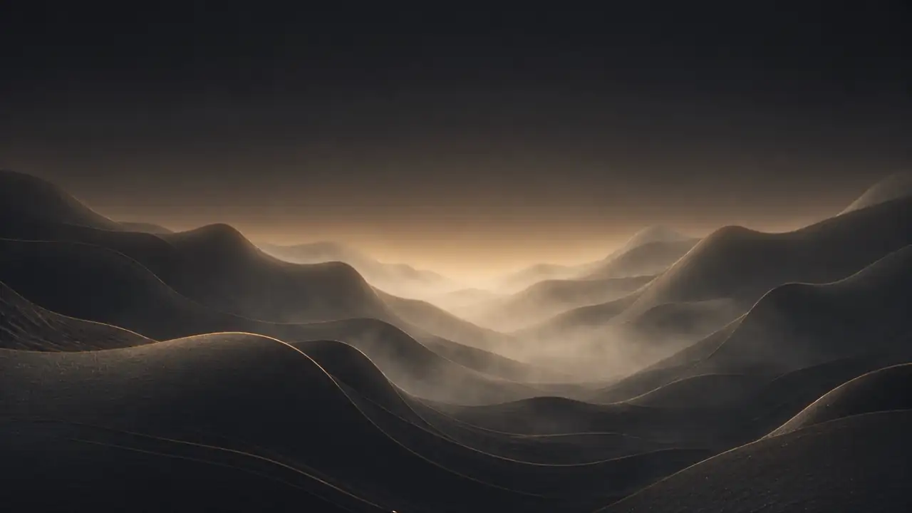 Dark ridgelines with gold rim light brightening until the frame washes to cream