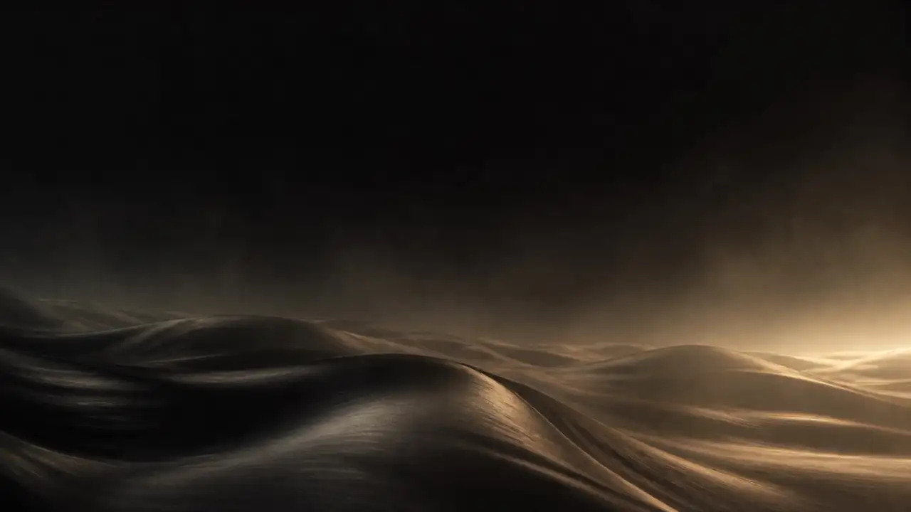 Dark silk waves lit by gold, brightening until the frame washes to cream